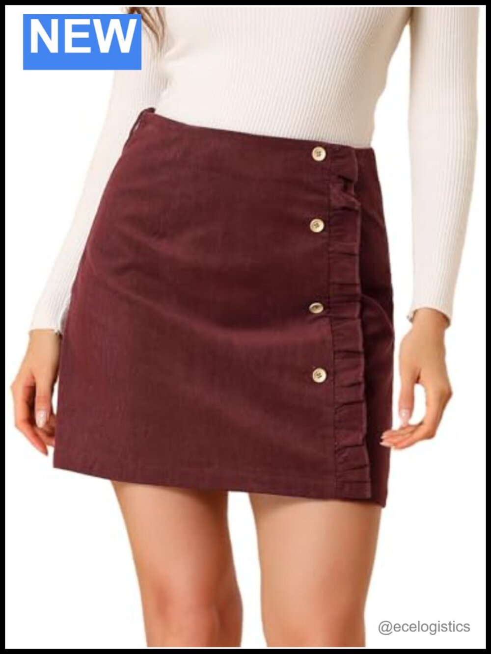 Corduroy A-Line Mini Skirt High Waist Ruffled Button Detail Vintage Retro